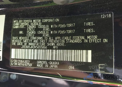 2019 Toyota 4Runner Limited/Limited Nightshade/Sr5/Sr5 Premium/Trd Off Road/Trd Off Road Premium/Trd Pro from USA, damaged, VIN JTEBU5JR2K5655866